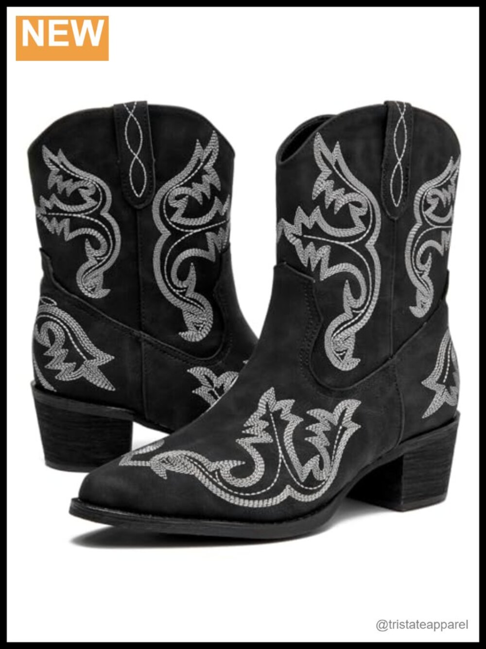 Women Square Toe Cowgirl Boots Embroidered Chunky Heel Ankle Booties Faux